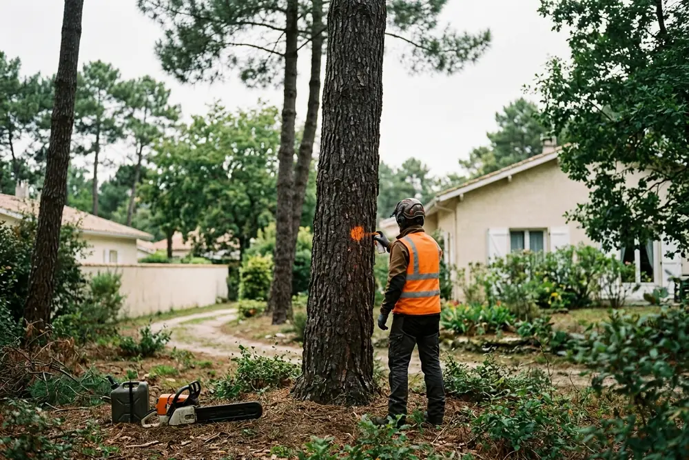 Arboriste marquant le tronc d'un pin maritime avant abattage dans un jardin de Gironde