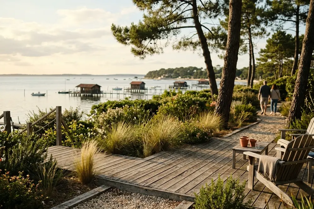 Terrasse en bois et jardin aménagé face au Bassin d'Arcachon