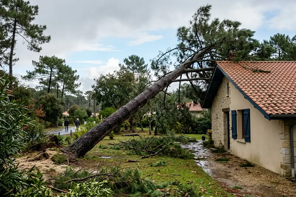 Pin maritime penchant vers une maison après une tempête en Gironde