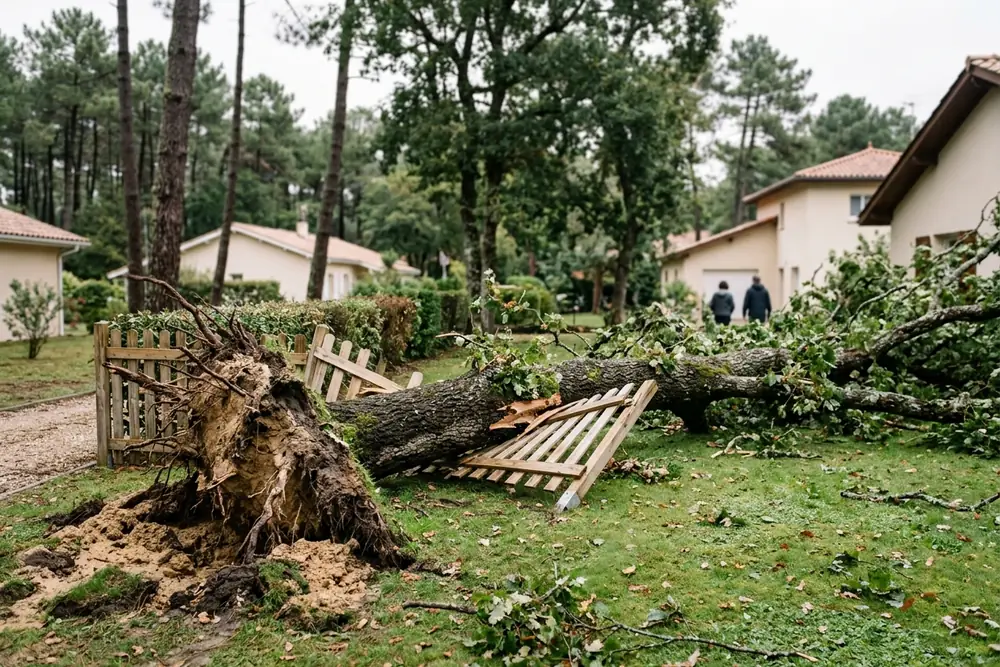 Arbre tombé sur une clôture dans un jardin après une tempête
