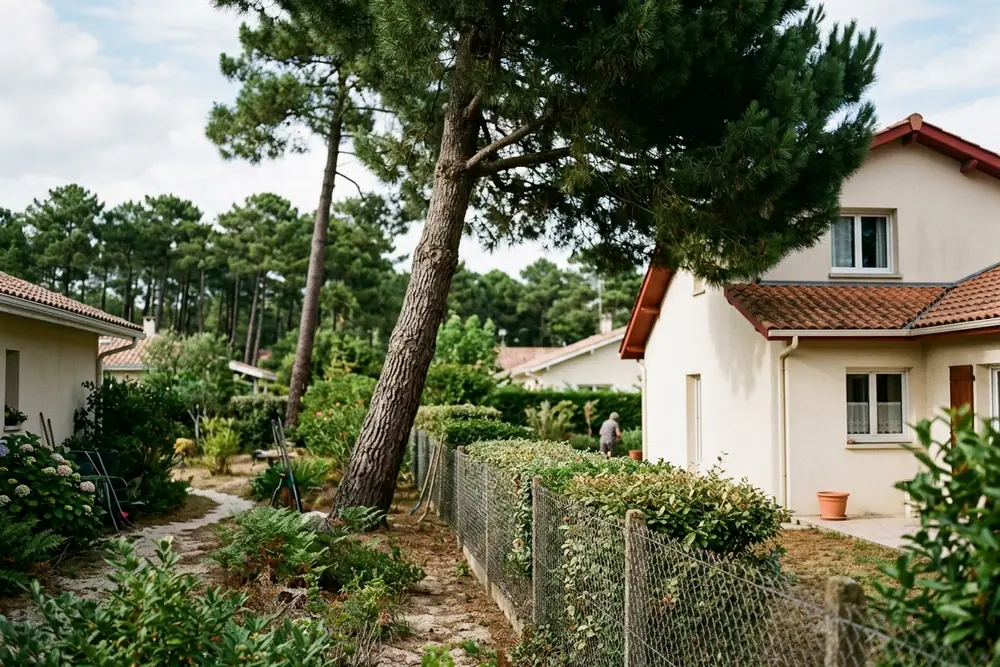 Arbre penché au-dessus de la maison voisine, séparation entre deux jardins