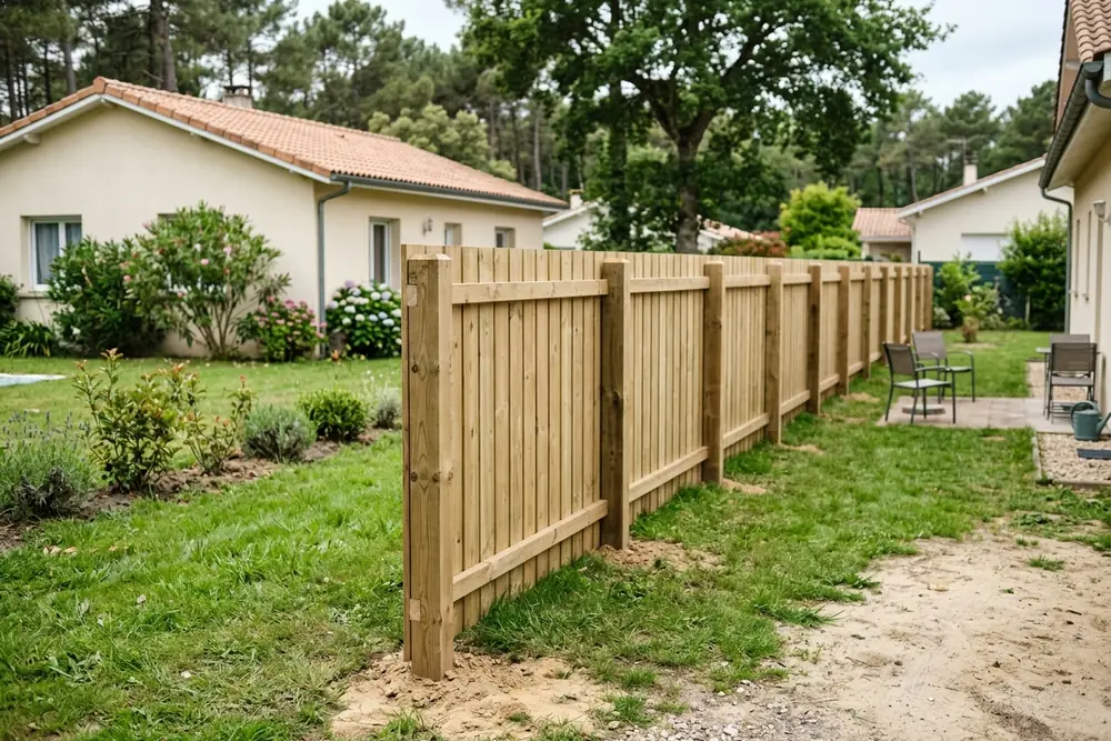 Clôture en bois neuve sur la limite entre deux jardins voisins