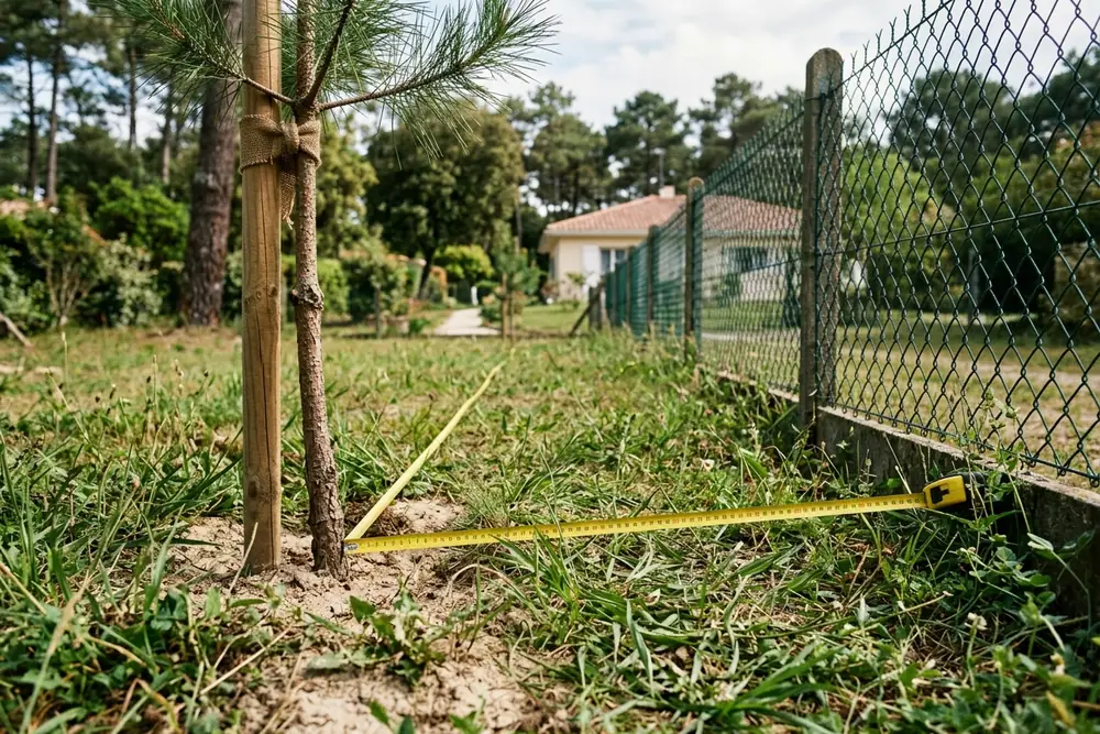 Mètre ruban entre un jeune arbre et une clôture grillagée