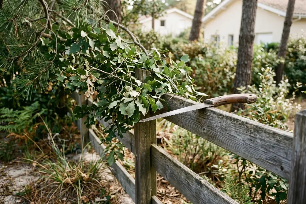 Branches d'un arbre voisin dépassant au-dessus d'une clôture