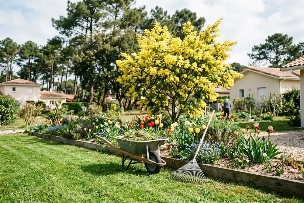 Jardin au printemps avec mimosa en fleurs et pelouse tondue
