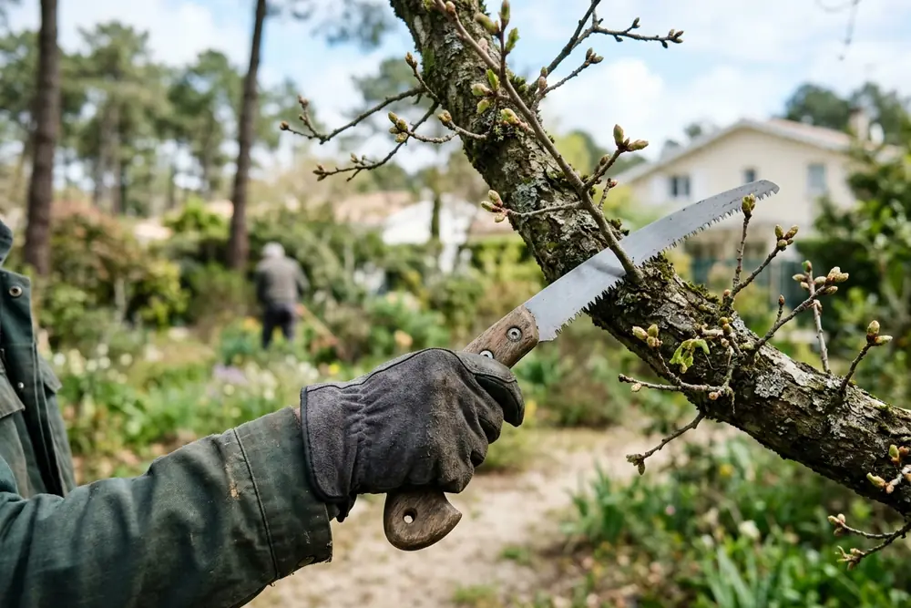 Scie d'élagage devant une branche de chêne en début de printemps