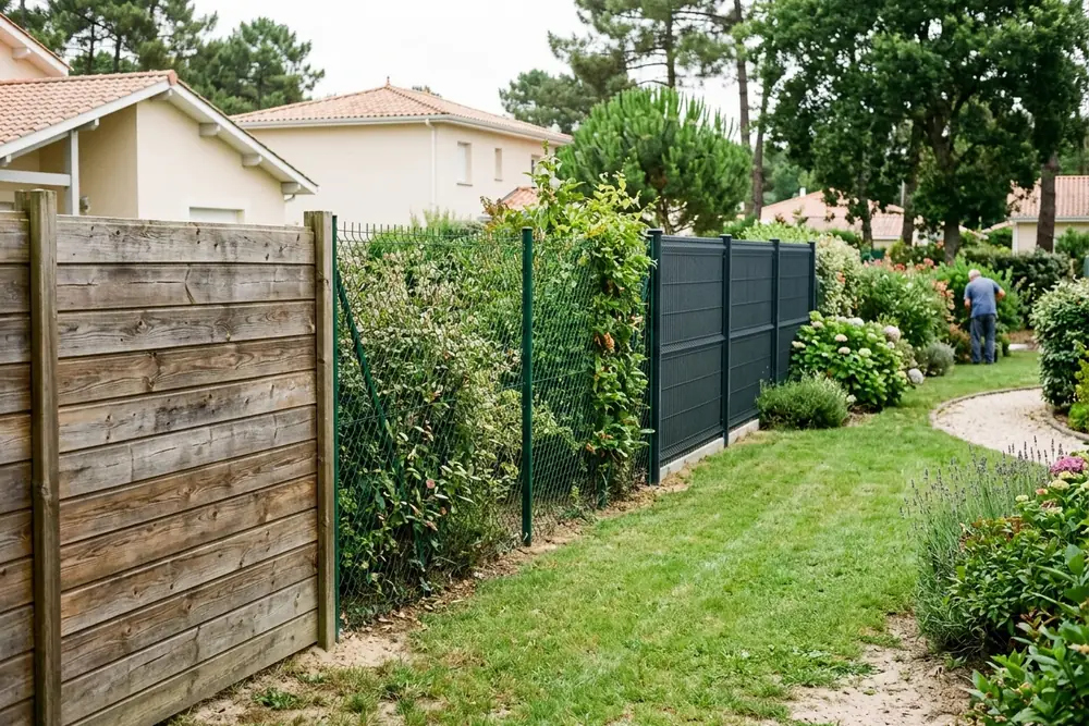 Clôture bois, grillage et panneaux rigides côte à côte
