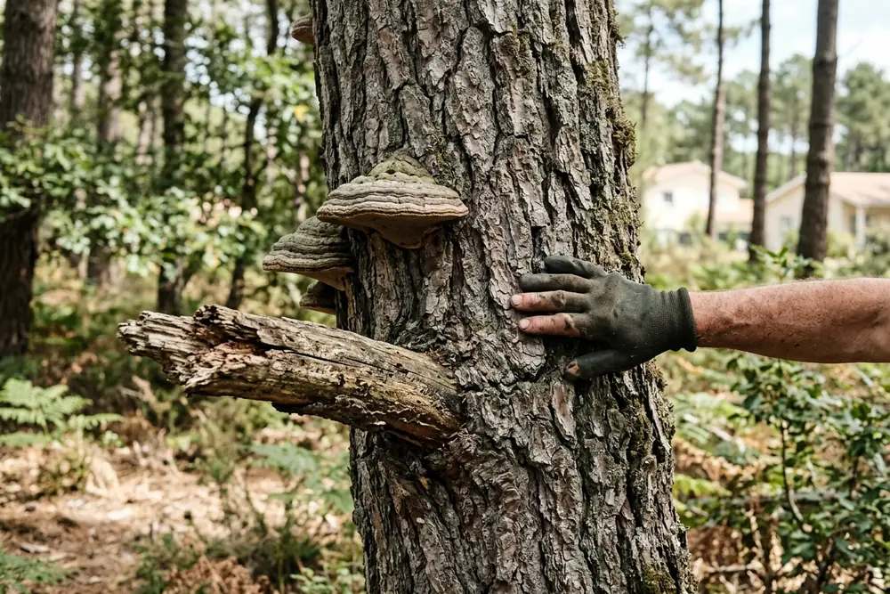 Champignons et écorce fissurée sur le tronc d'un arbre malade