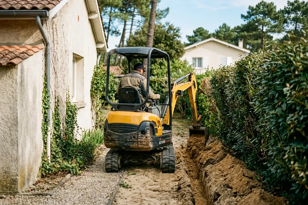 Mini-pelle creusant une tranchée dans un accès étroit de jardin